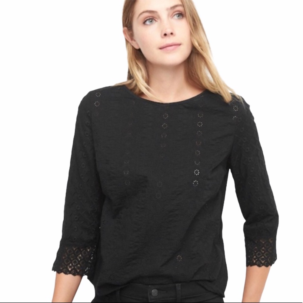 Gap Eyelet Detailed Black Quarter Sleeve Top S
